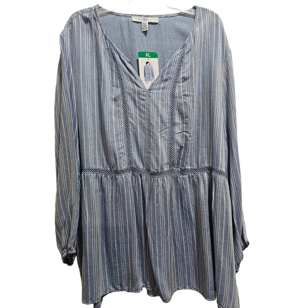 Fever Blue and White Striped V-Neck Peasant Blouse Size XL